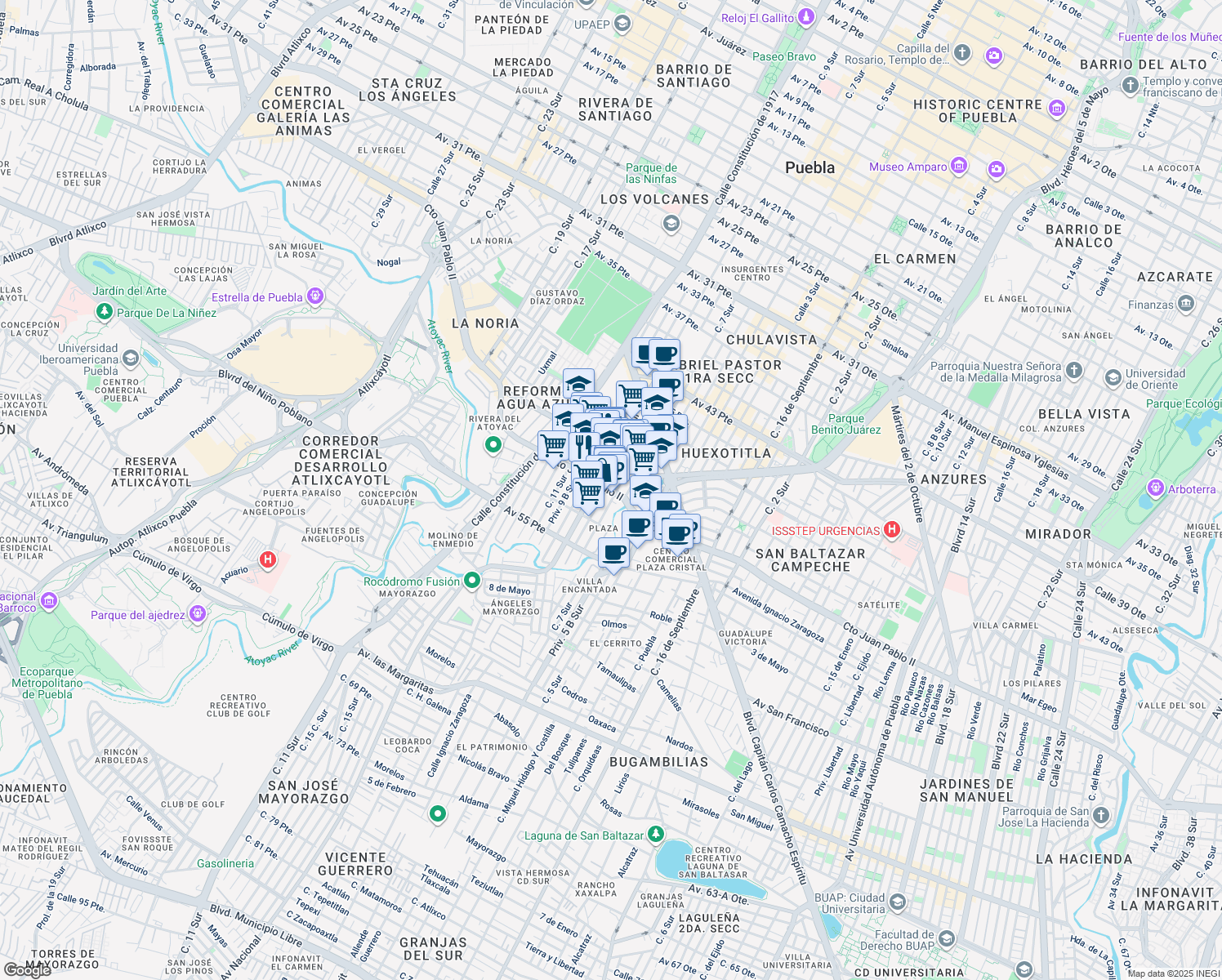 map of restaurants, bars, coffee shops, grocery stores, and more near 1755 Circuito Juan Pablo II in Heroica Puebla de Zaragoza