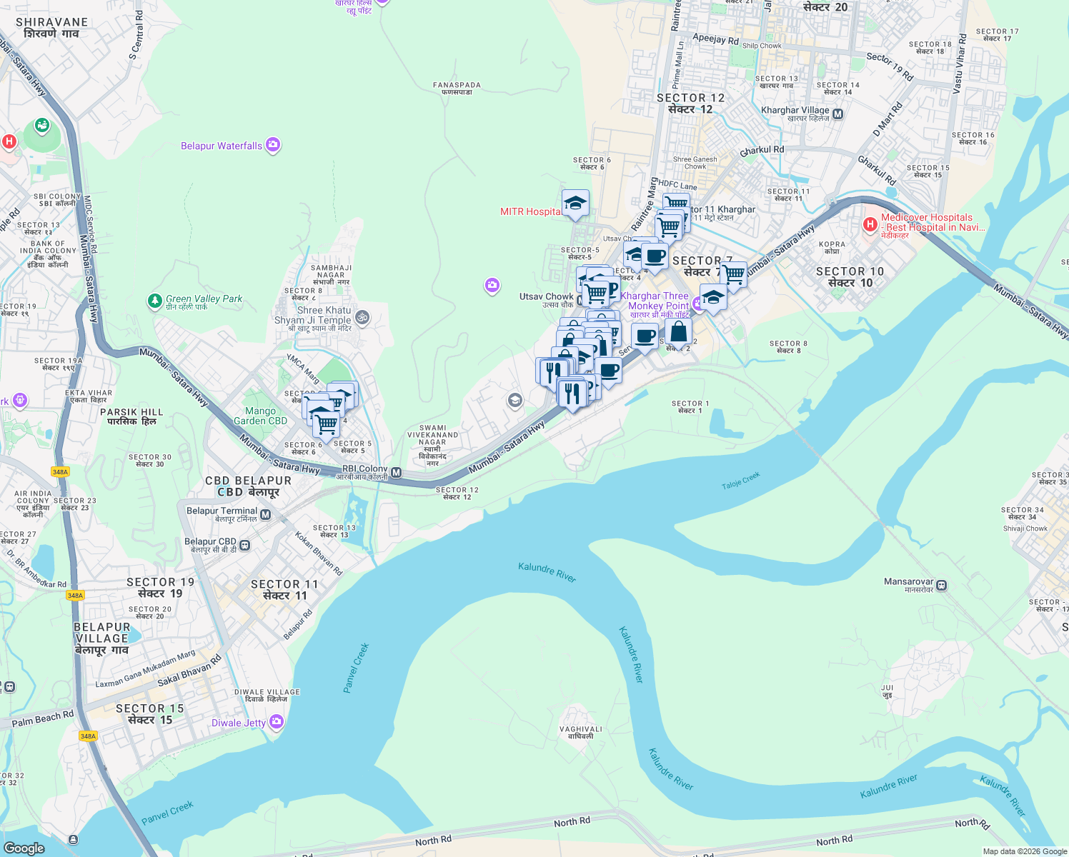 map of restaurants, bars, coffee shops, grocery stores, and more near Mumbai Highway in Navi Mumbai