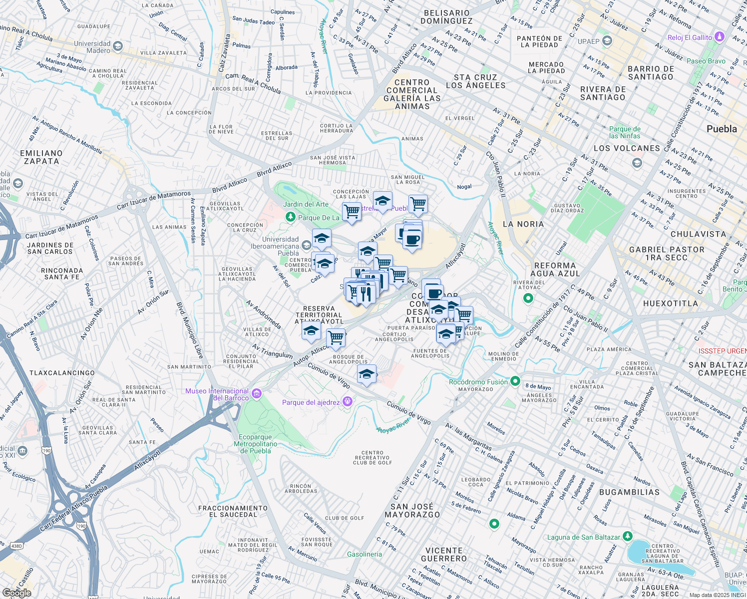 map of restaurants, bars, coffee shops, grocery stores, and more near 1100 Boulevard Atlixcayotl in Heroica Puebla de Zaragoza