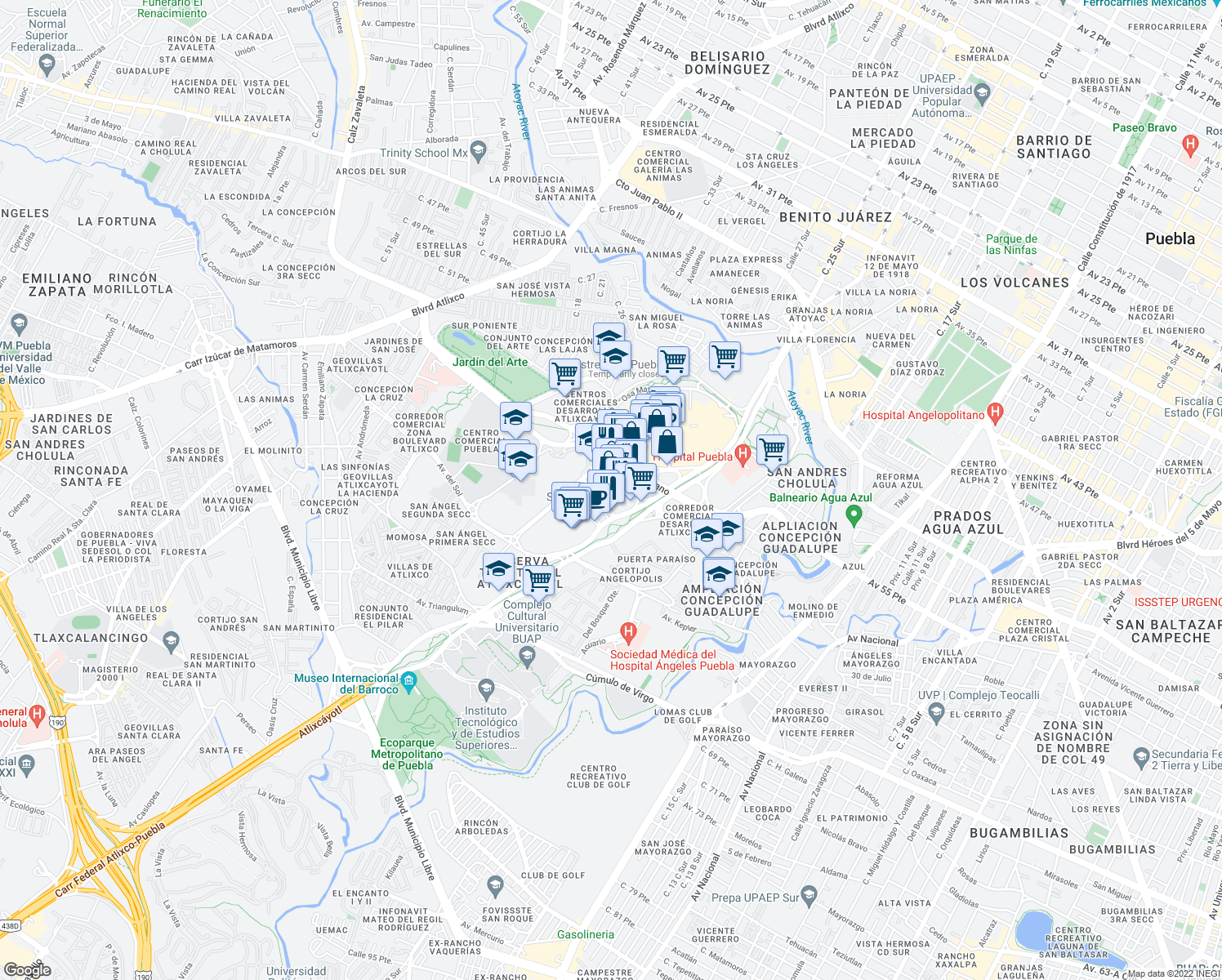 map of restaurants, bars, coffee shops, grocery stores, and more near 2501 Boulevard del Niño Poblano in Heroica Puebla de Zaragoza