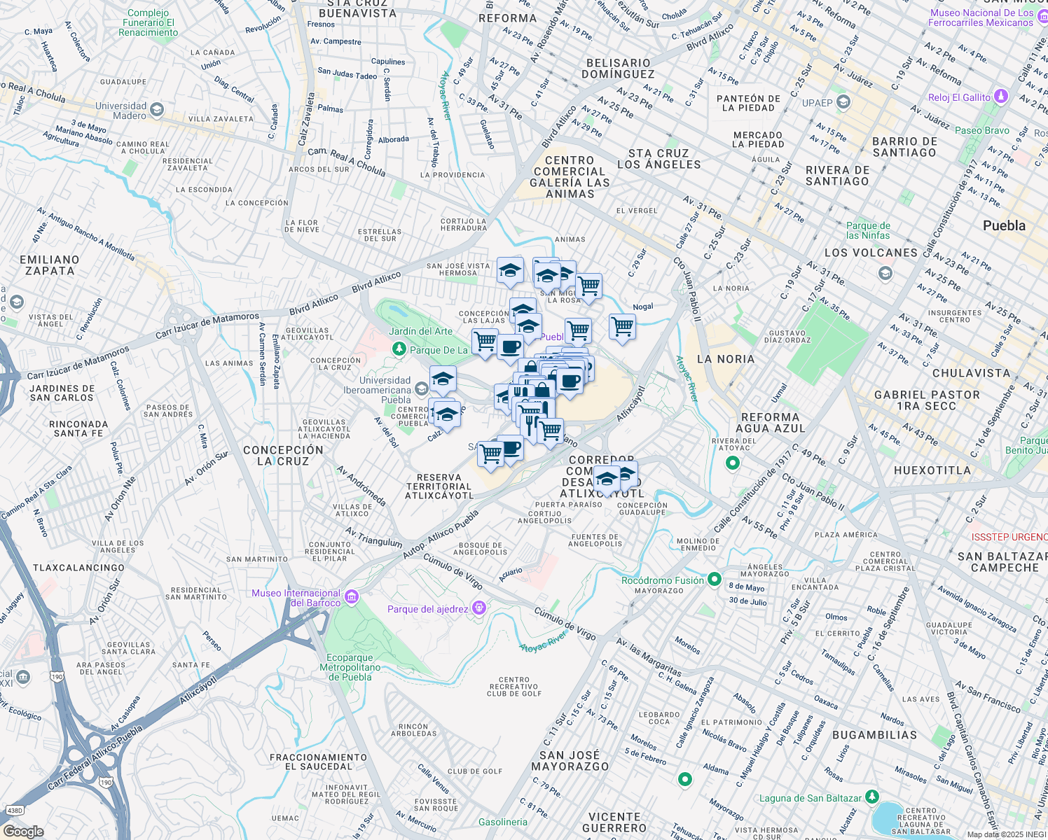 map of restaurants, bars, coffee shops, grocery stores, and more near 1539 Camino a San Miguel in Heroica Puebla de Zaragoza