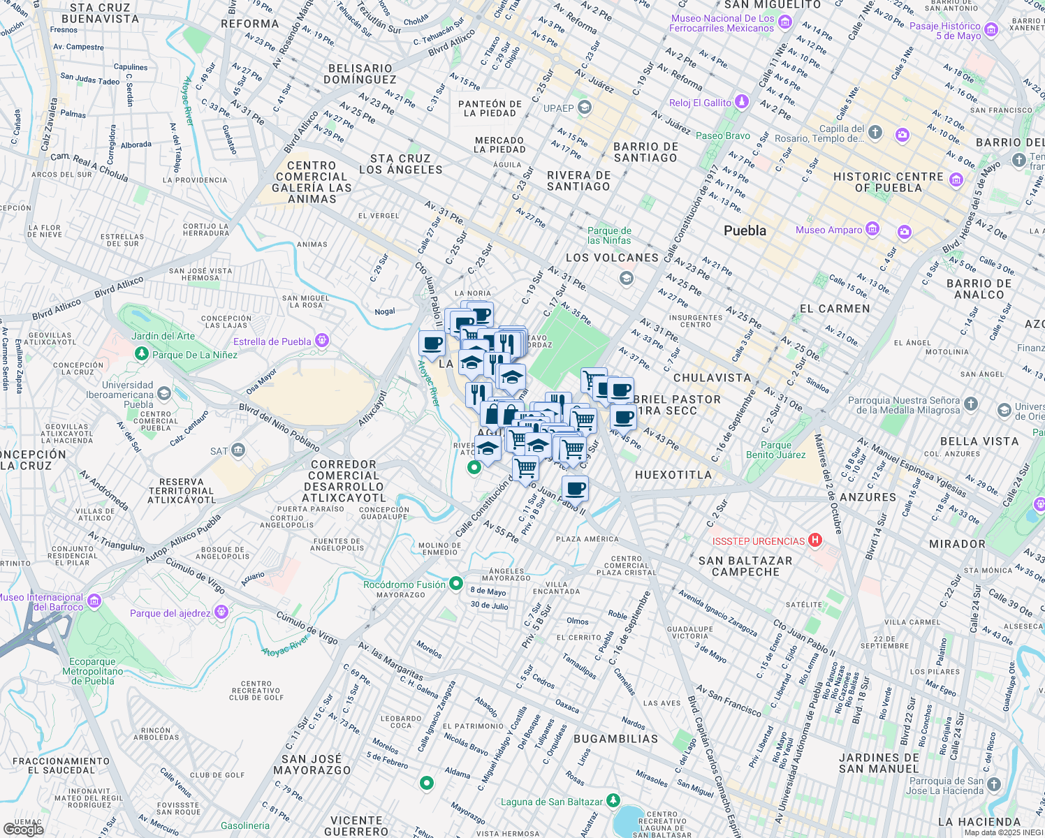 map of restaurants, bars, coffee shops, grocery stores, and more near 4716 Tajín in Heroica Puebla de Zaragoza