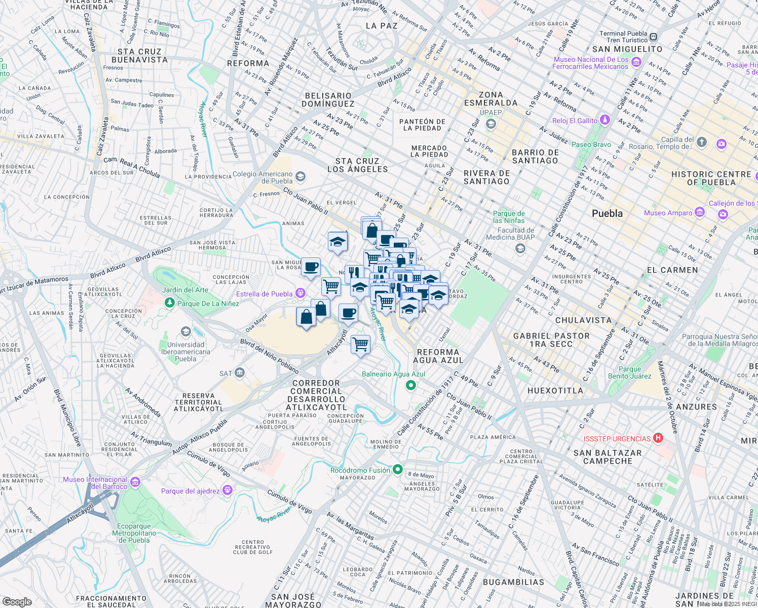 map of restaurants, bars, coffee shops, grocery stores, and more near 1755 Circuito Juan Pablo II in Heroica Puebla de Zaragoza