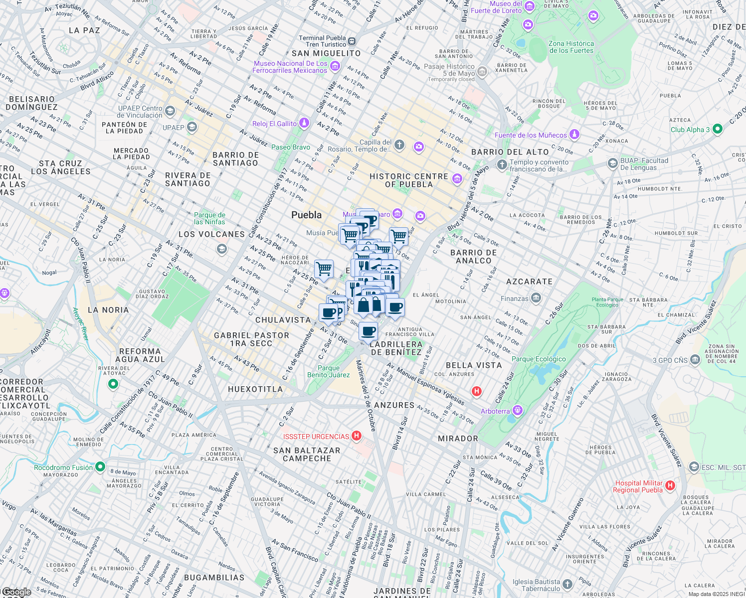 map of restaurants, bars, coffee shops, grocery stores, and more near Calle 4 Sur in Puebla