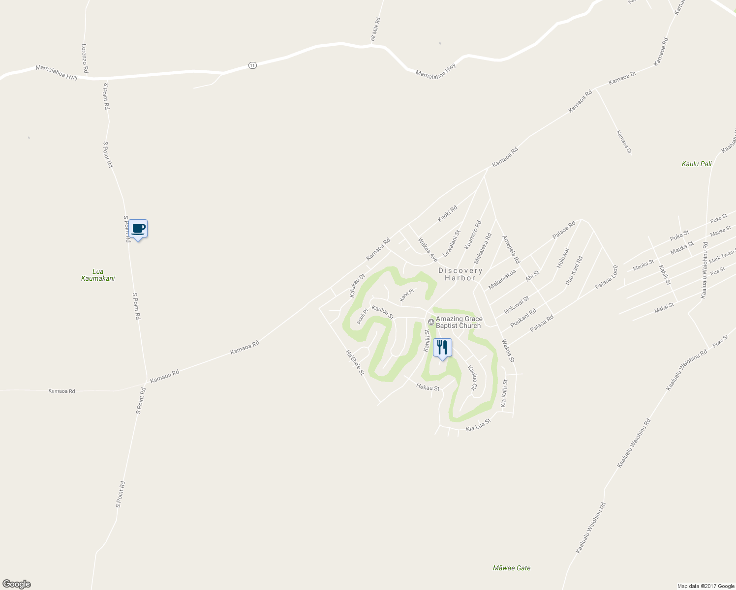 map of restaurants, bars, coffee shops, grocery stores, and more near 94-5851 Wa'a Place in Naalehu
