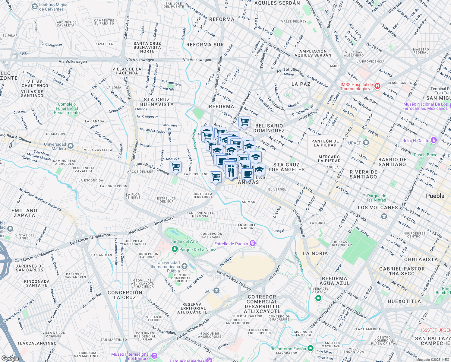 map of restaurants, bars, coffee shops, grocery stores, and more near 3915 Boulevard Atlixco in Heroica Puebla de Zaragoza