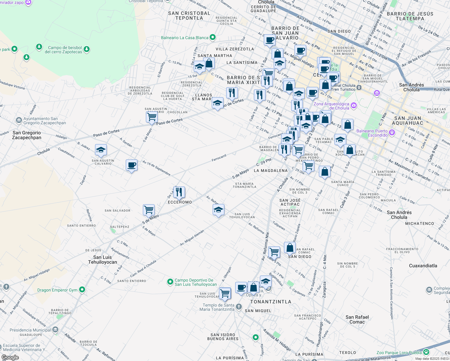 map of restaurants, bars, coffee shops, grocery stores, and more near 1106 5 de Mayo in Cholula de Rivadavia
