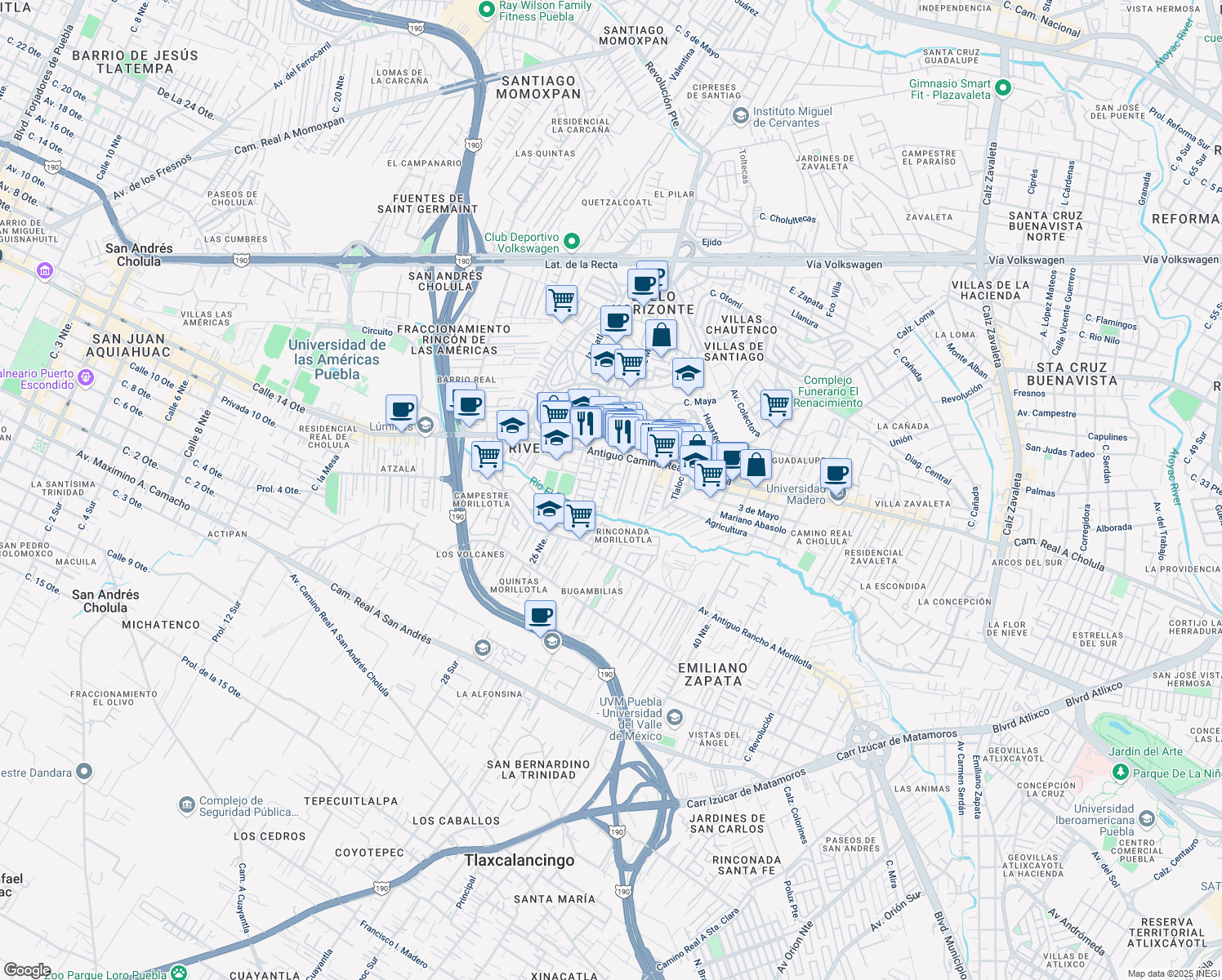 map of restaurants, bars, coffee shops, grocery stores, and more near 29 Avenida Morillotla in San Andrés Cholula
