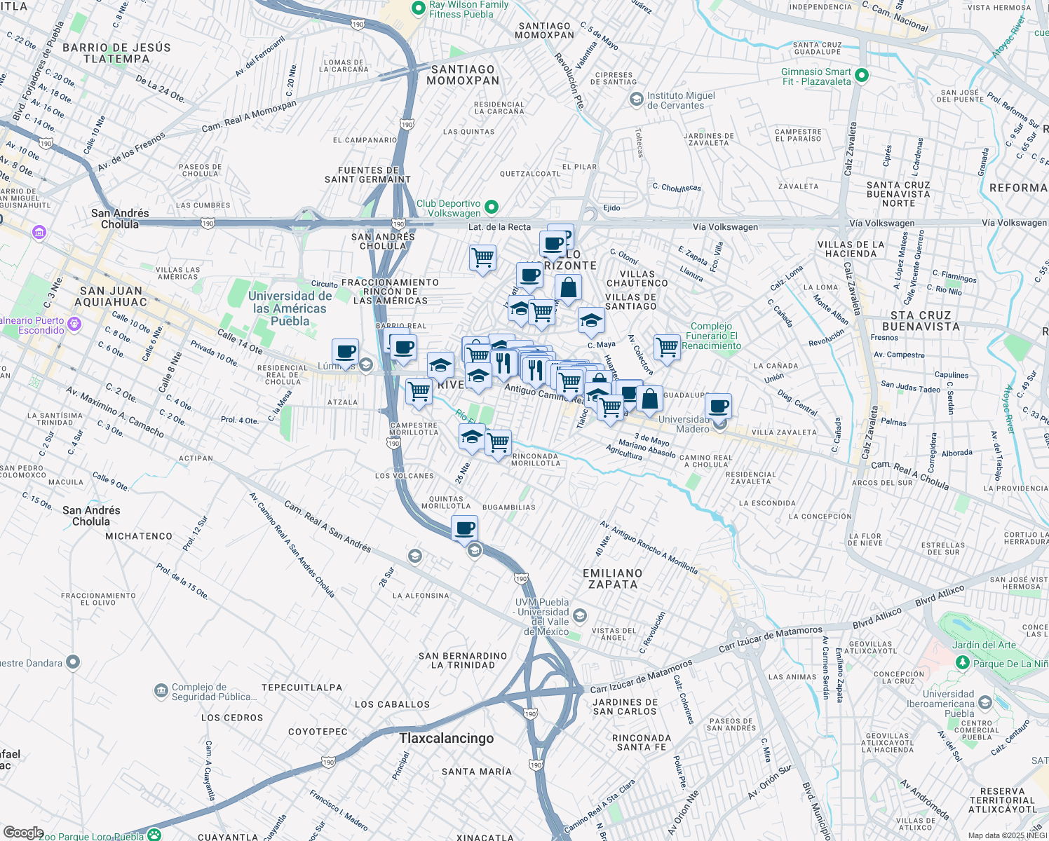map of restaurants, bars, coffee shops, grocery stores, and more near 29 Avenida Morillotla in San Andrés Cholula