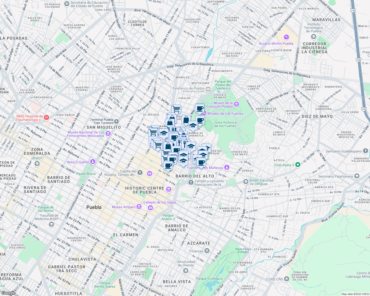 map of restaurants, bars, coffee shops, grocery stores, and more near 404 Boulevard Héroes del 5 de Mayo in Heróica Puebla de Zaragoza
