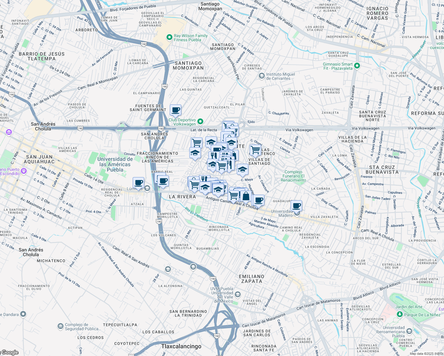map of restaurants, bars, coffee shops, grocery stores, and more near 29 Avenida Morillotla in San Andrés Cholula