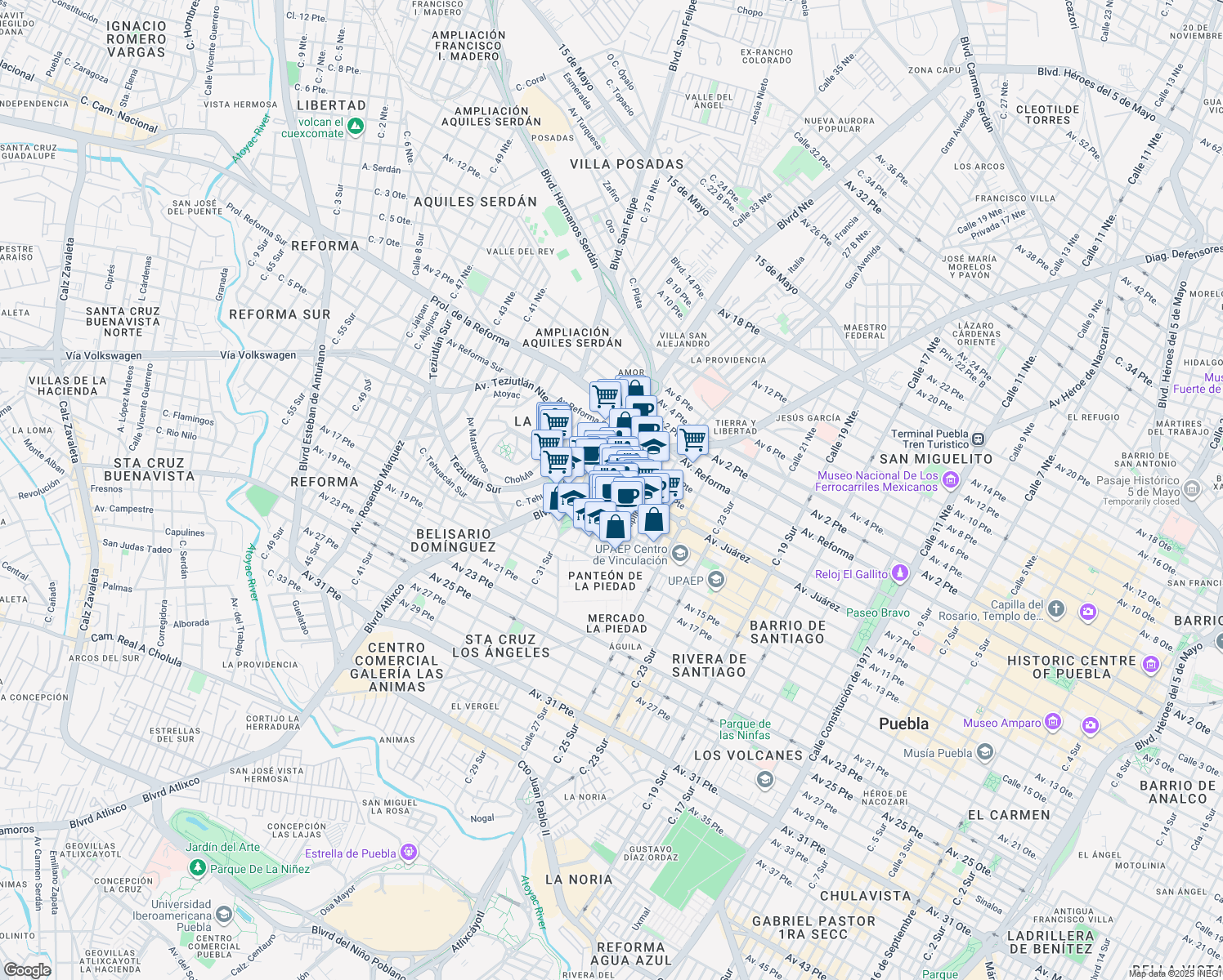 map of restaurants, bars, coffee shops, grocery stores, and more near 2915 Avenida Juarez in Heroica Puebla de Zaragoza