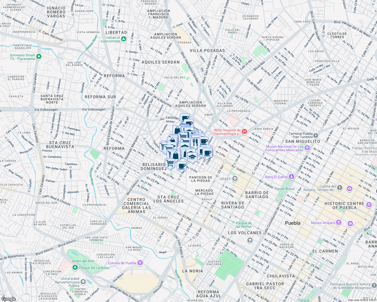 map of restaurants, bars, coffee shops, grocery stores, and more near 60 Calle Tehuacán Sur in Heroica Puebla de Zaragoza