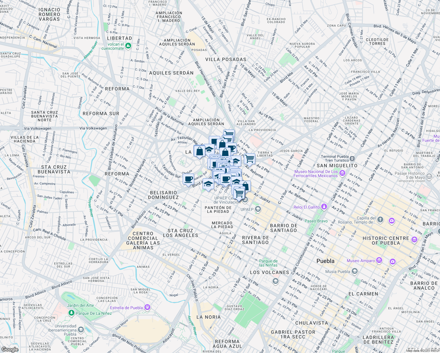map of restaurants, bars, coffee shops, grocery stores, and more near 2915 Avenida Juárez in Heroica Puebla de Zaragoza