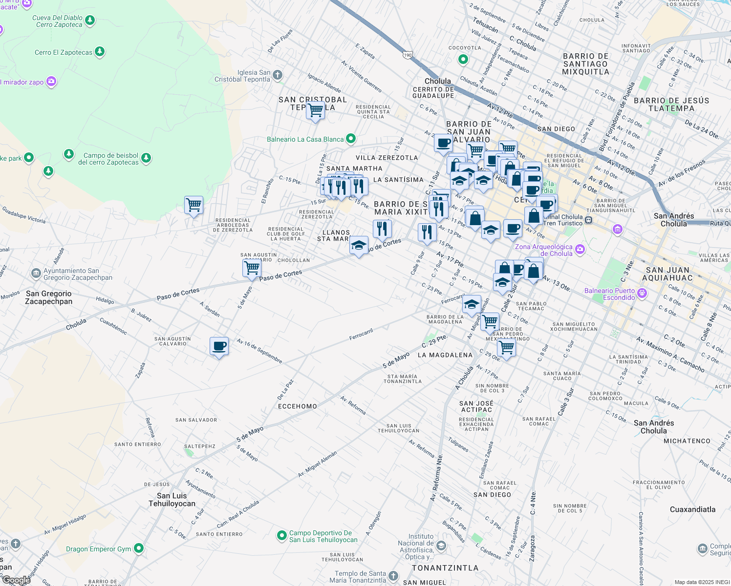 map of restaurants, bars, coffee shops, grocery stores, and more near 1106 5 de Mayo in Cholula de Rivadavia