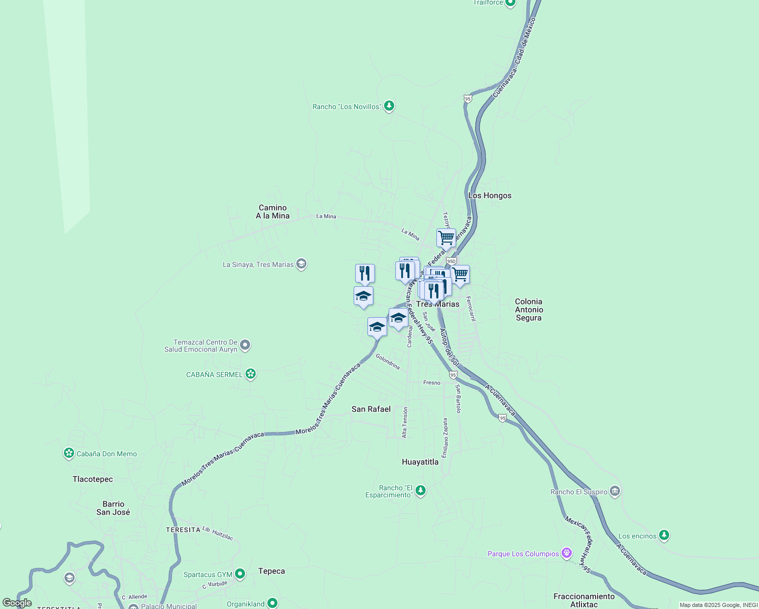 map of restaurants, bars, coffee shops, grocery stores, and more near Calle Zacapexco in Tres Marías