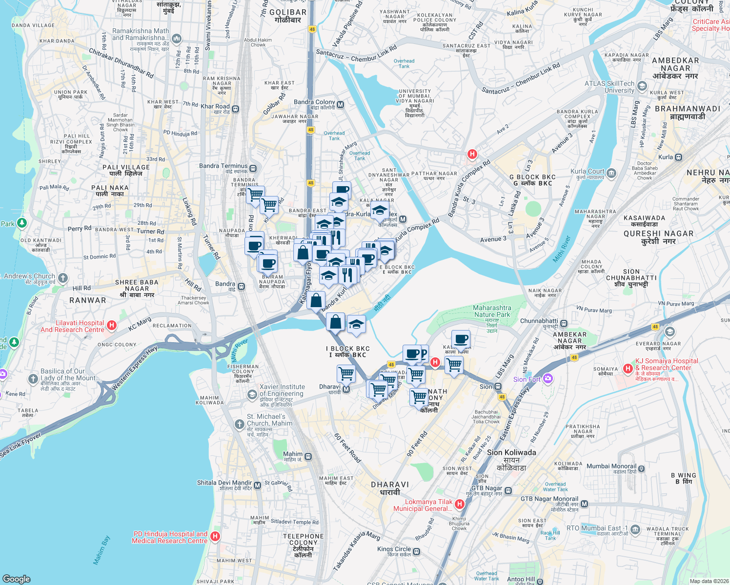map of restaurants, bars, coffee shops, grocery stores, and more near 27 Bandra Kurla Complex Road in Mumbai