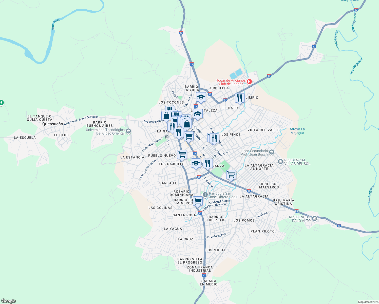 map of restaurants, bars, coffee shops, grocery stores, and more near Calle Padre Fantino in Cotuí