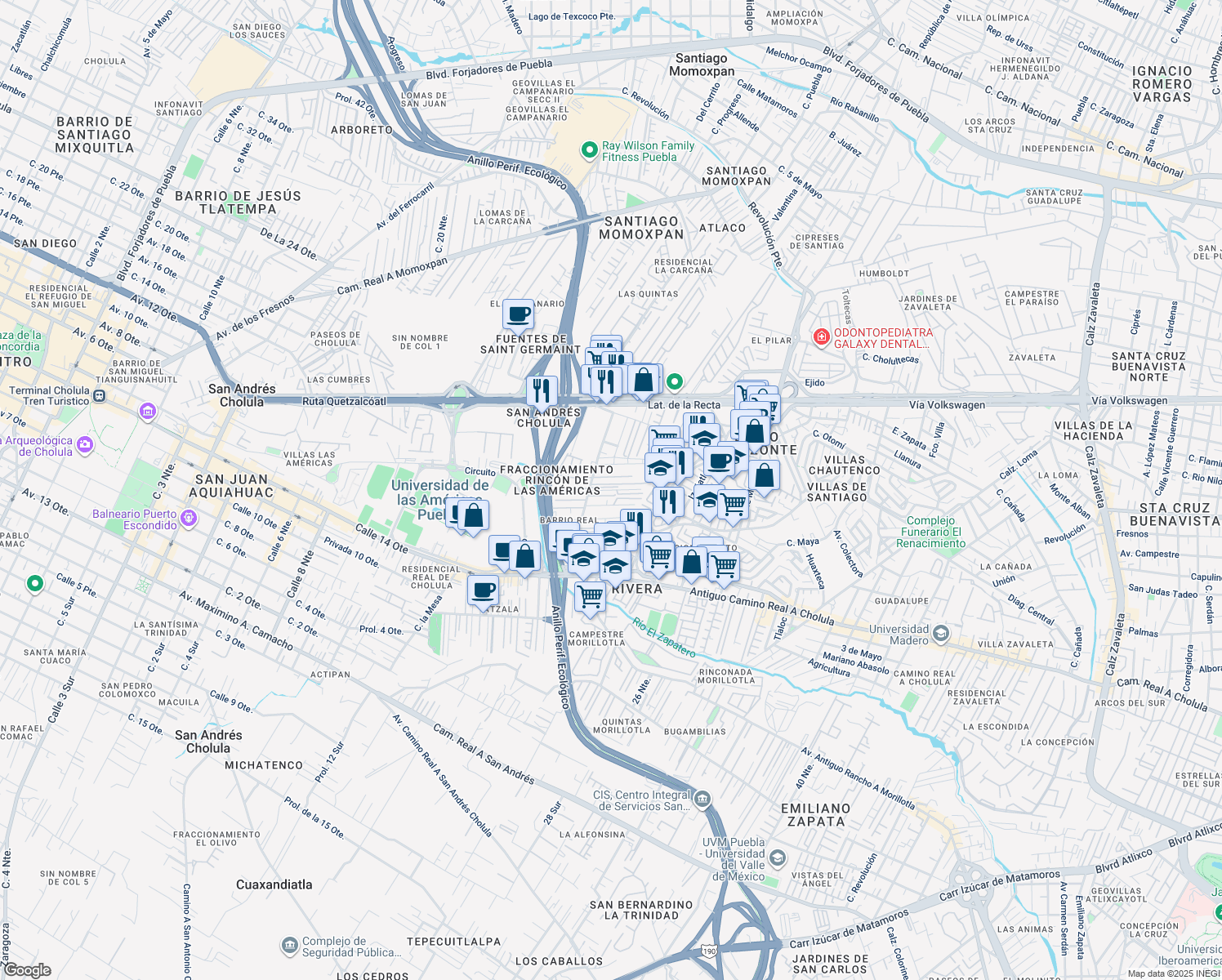 map of restaurants, bars, coffee shops, grocery stores, and more near 2237 Prolongación 18 Oriente in Heroica Puebla de Zaragoza