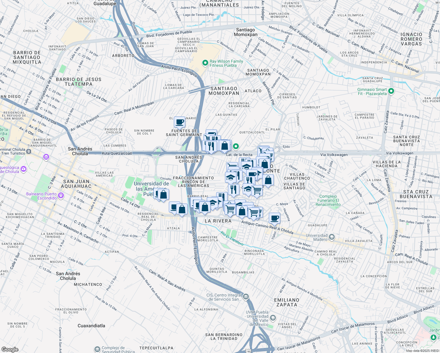 map of restaurants, bars, coffee shops, grocery stores, and more near 2237 Prolongación 18 Oriente in Heroica Puebla de Zaragoza