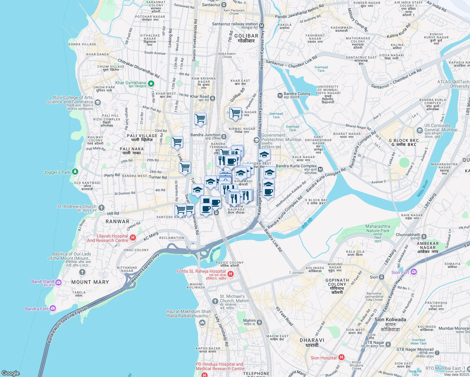 map of restaurants, bars, coffee shops, grocery stores, and more near Kherwadi Road in Mumbai