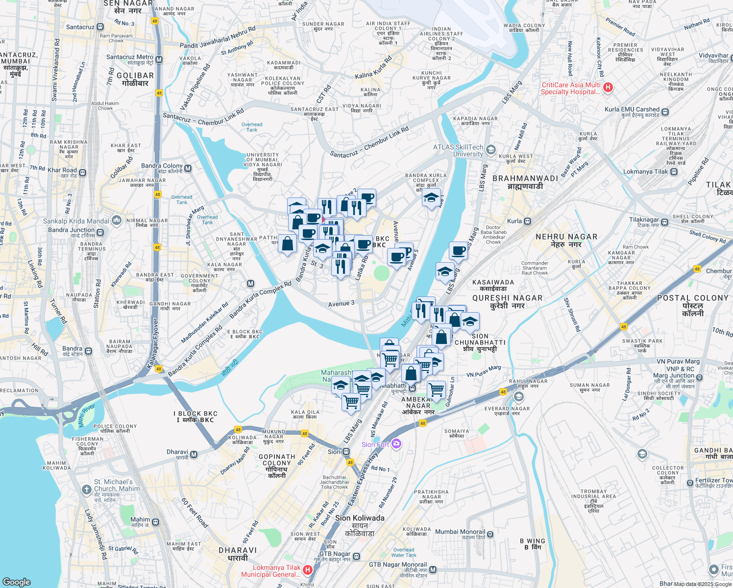 map of restaurants, bars, coffee shops, grocery stores, and more near एवेन्यू 3 in Mumbai