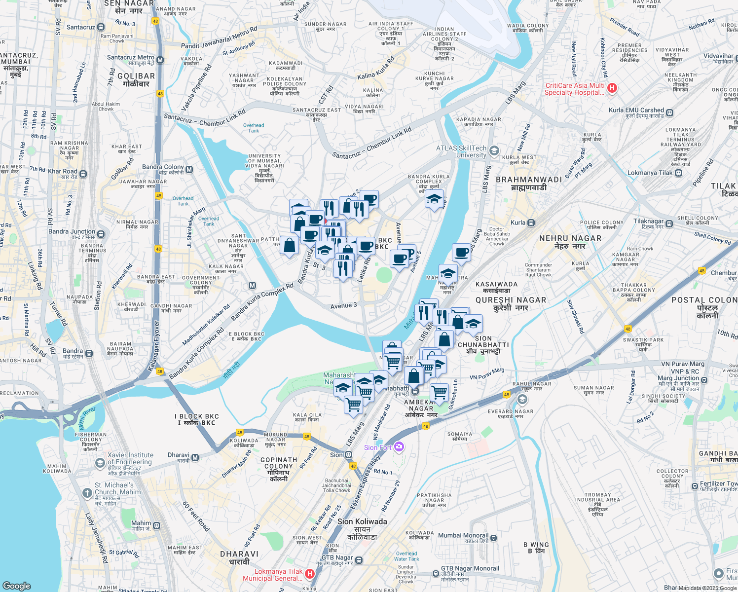 map of restaurants, bars, coffee shops, grocery stores, and more near एवेन्यू 3 in Mumbai