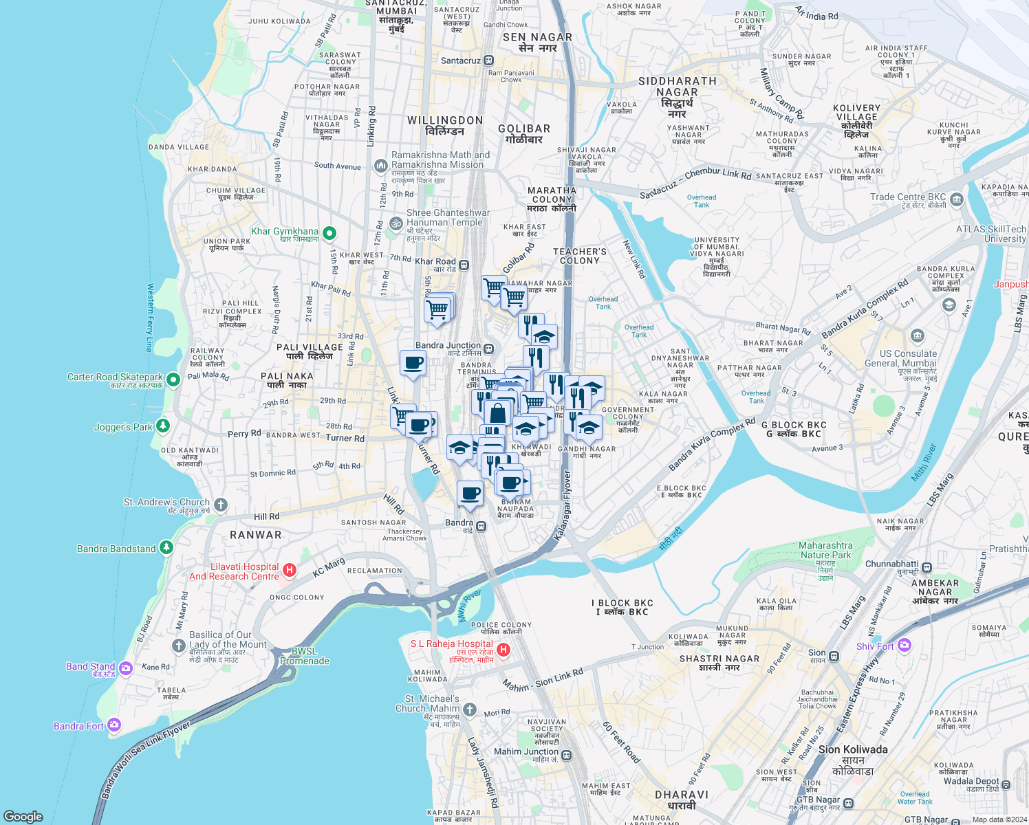 map of restaurants, bars, coffee shops, grocery stores, and more near Kherwadi Road in Mumbai