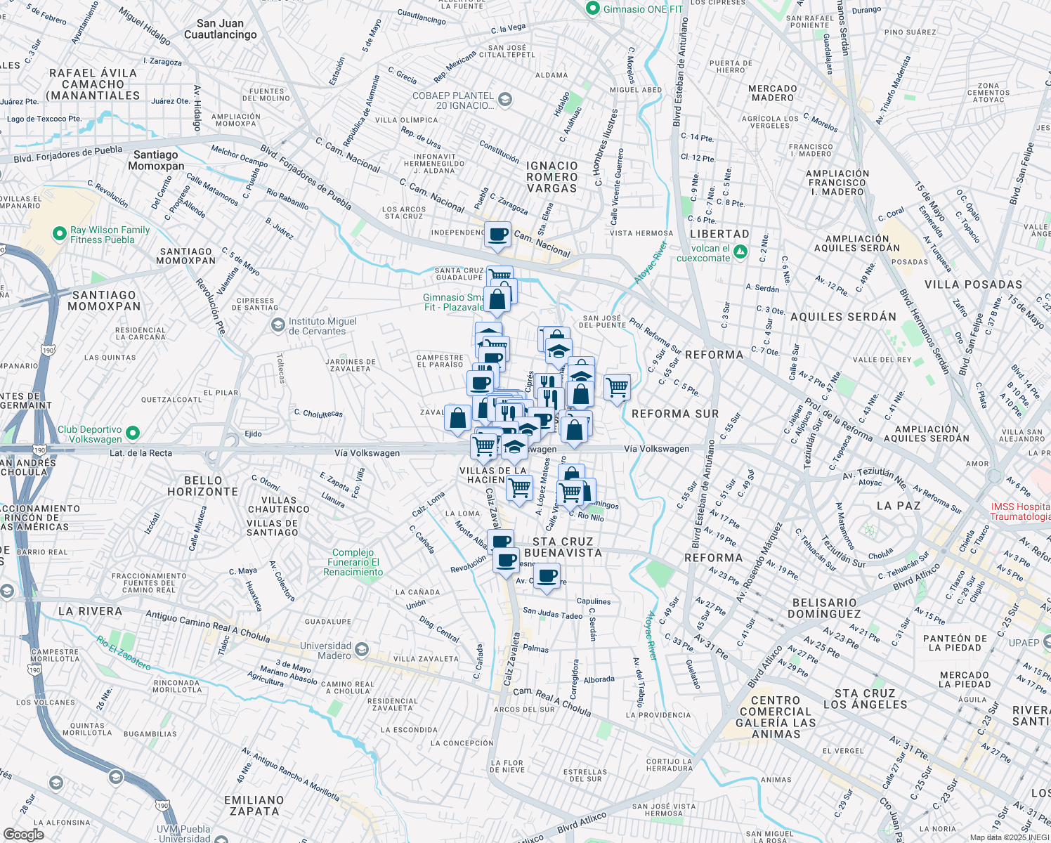 map of restaurants, bars, coffee shops, grocery stores, and more near 924 Ciprés in Heroica Puebla de Zaragoza