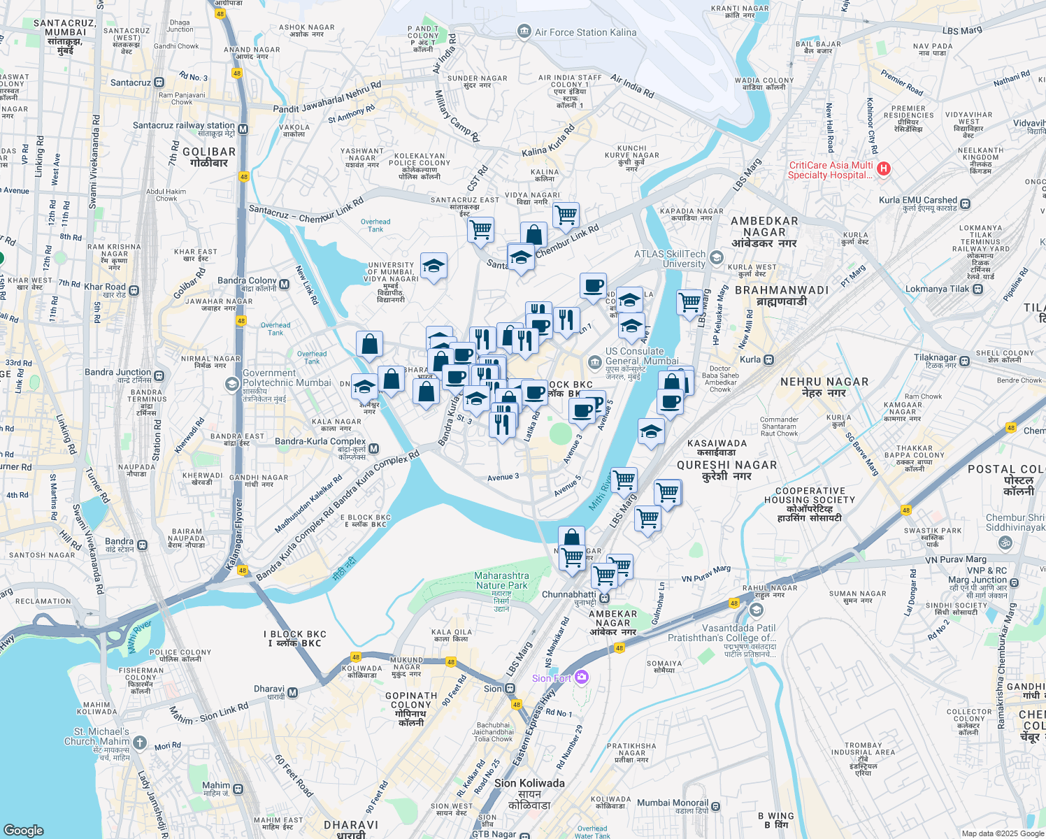 map of restaurants, bars, coffee shops, grocery stores, and more near 27 Bandra Kurla Complex Road in Mumbai