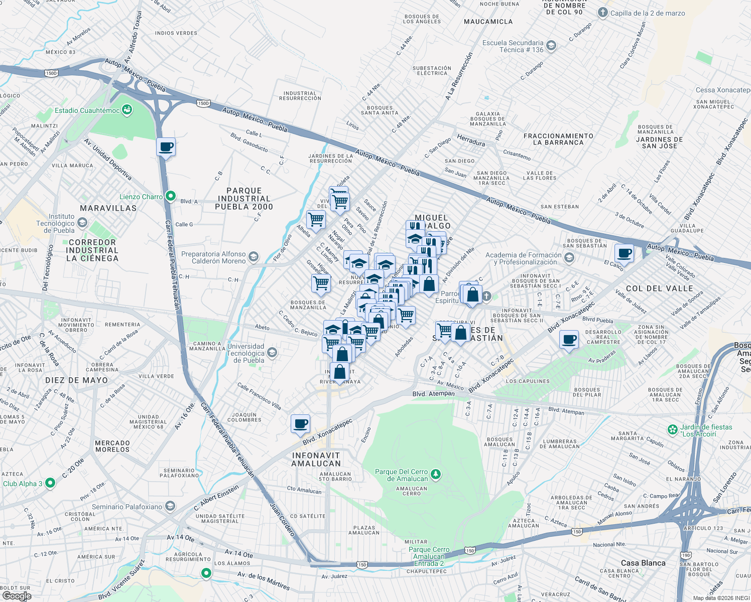 map of restaurants, bars, coffee shops, grocery stores, and more near 5416 25 de Diciembre in Puebla