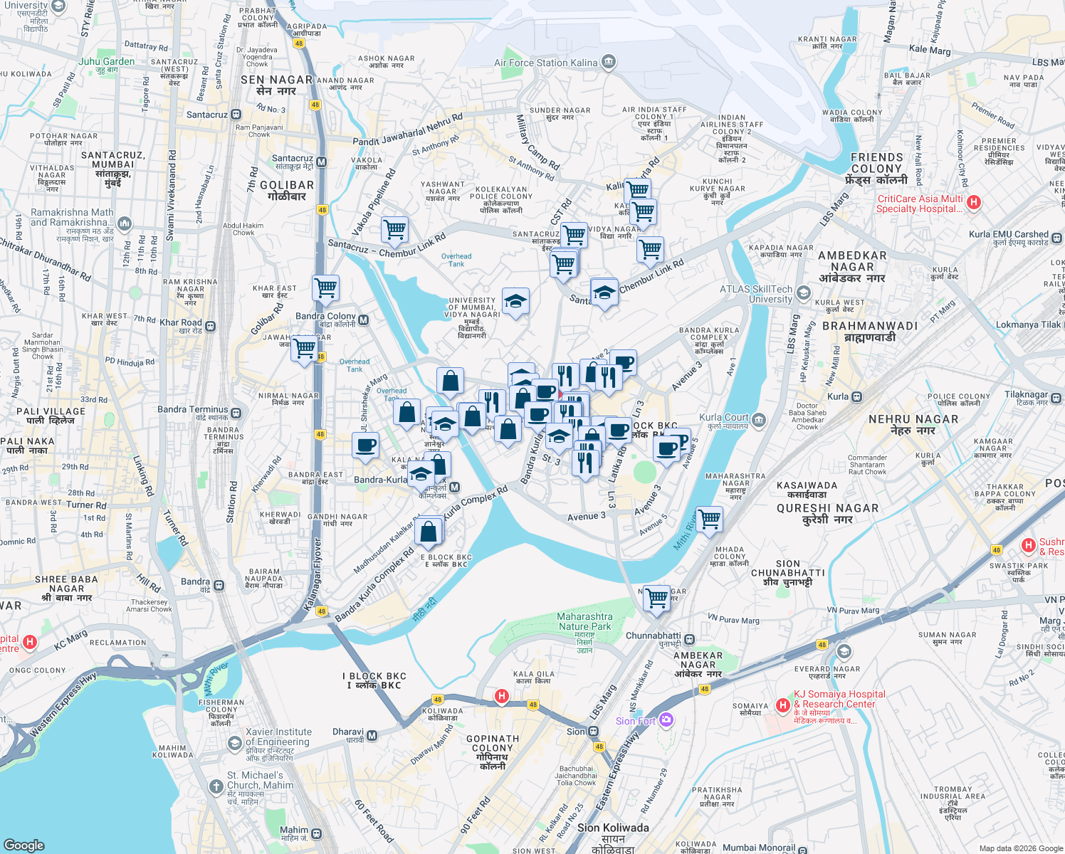 map of restaurants, bars, coffee shops, grocery stores, and more near Bandra Kurla Complex Road in Mumbai