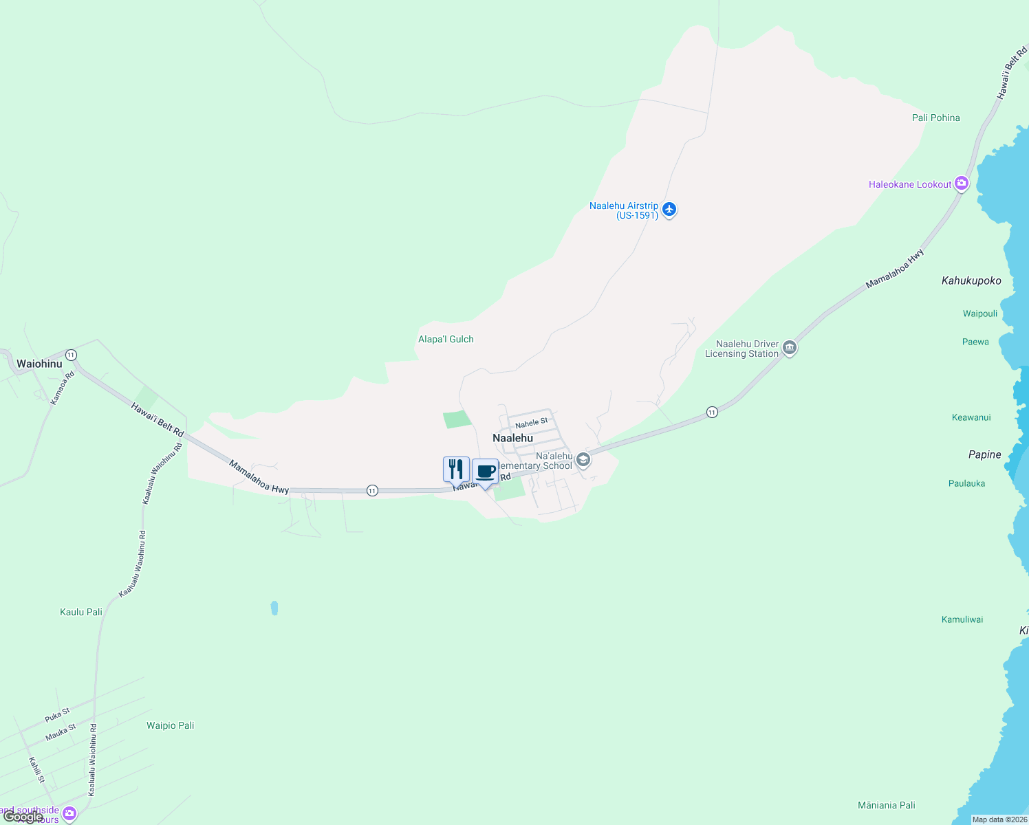 map of restaurants, bars, coffee shops, grocery stores, and more near 95-1238 Ohai Road in Naalehu