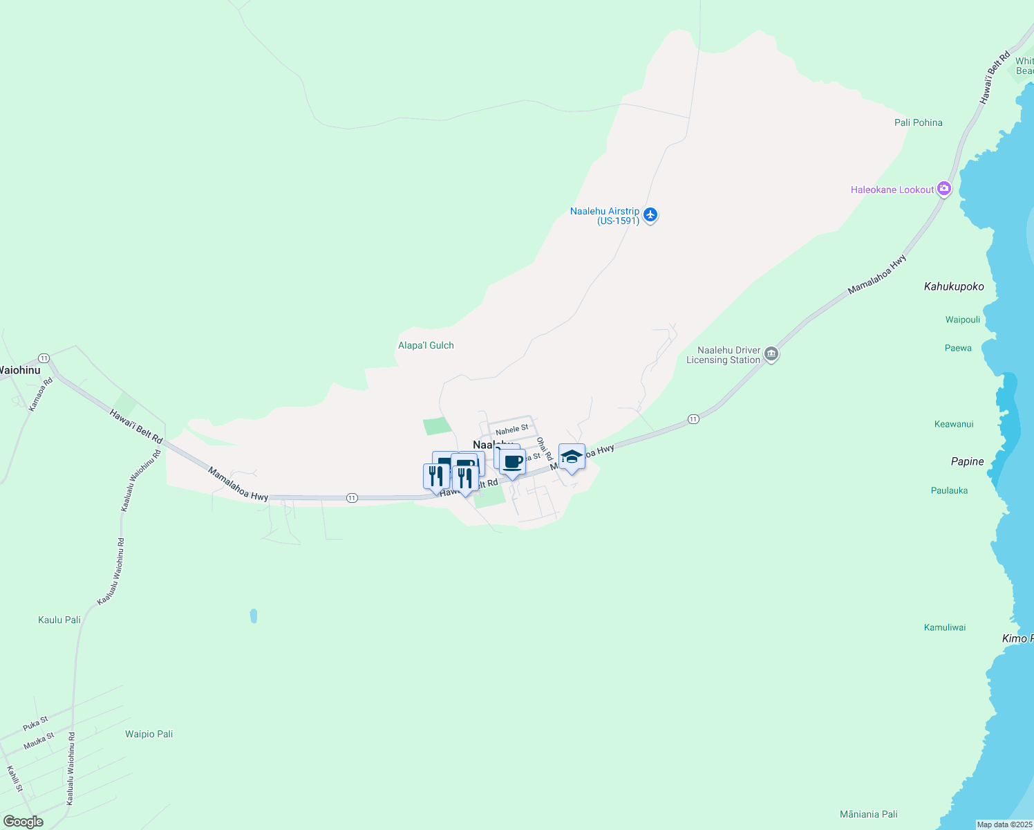 map of restaurants, bars, coffee shops, grocery stores, and more near 95-1220 Ohai Road in Naalehu