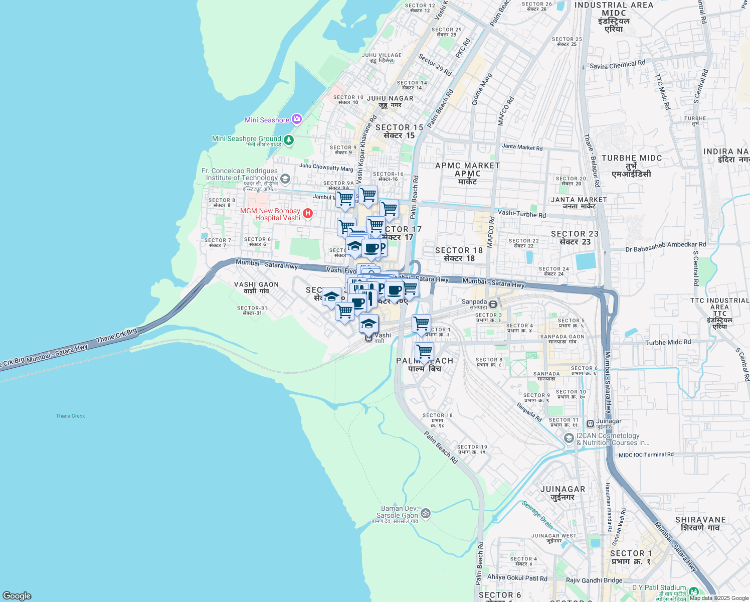 map of restaurants, bars, coffee shops, grocery stores, and more near in Navi Mumbai