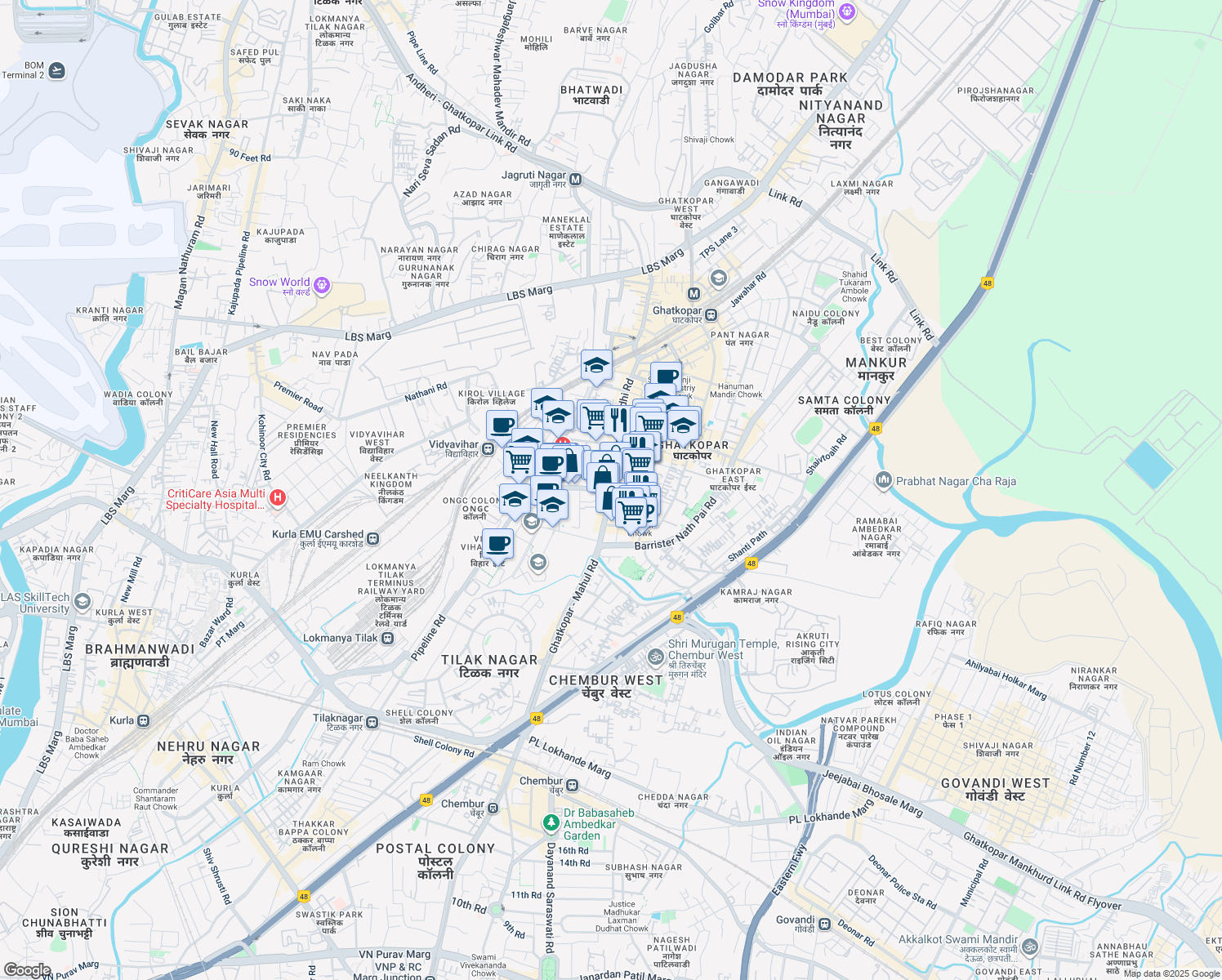map of restaurants, bars, coffee shops, grocery stores, and more near Mahatma Gandhi Road in Mumbai