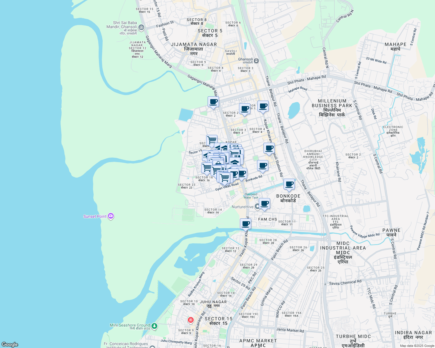 map of restaurants, bars, coffee shops, grocery stores, and more near 10 Sector 15 Road in Navi Mumbai