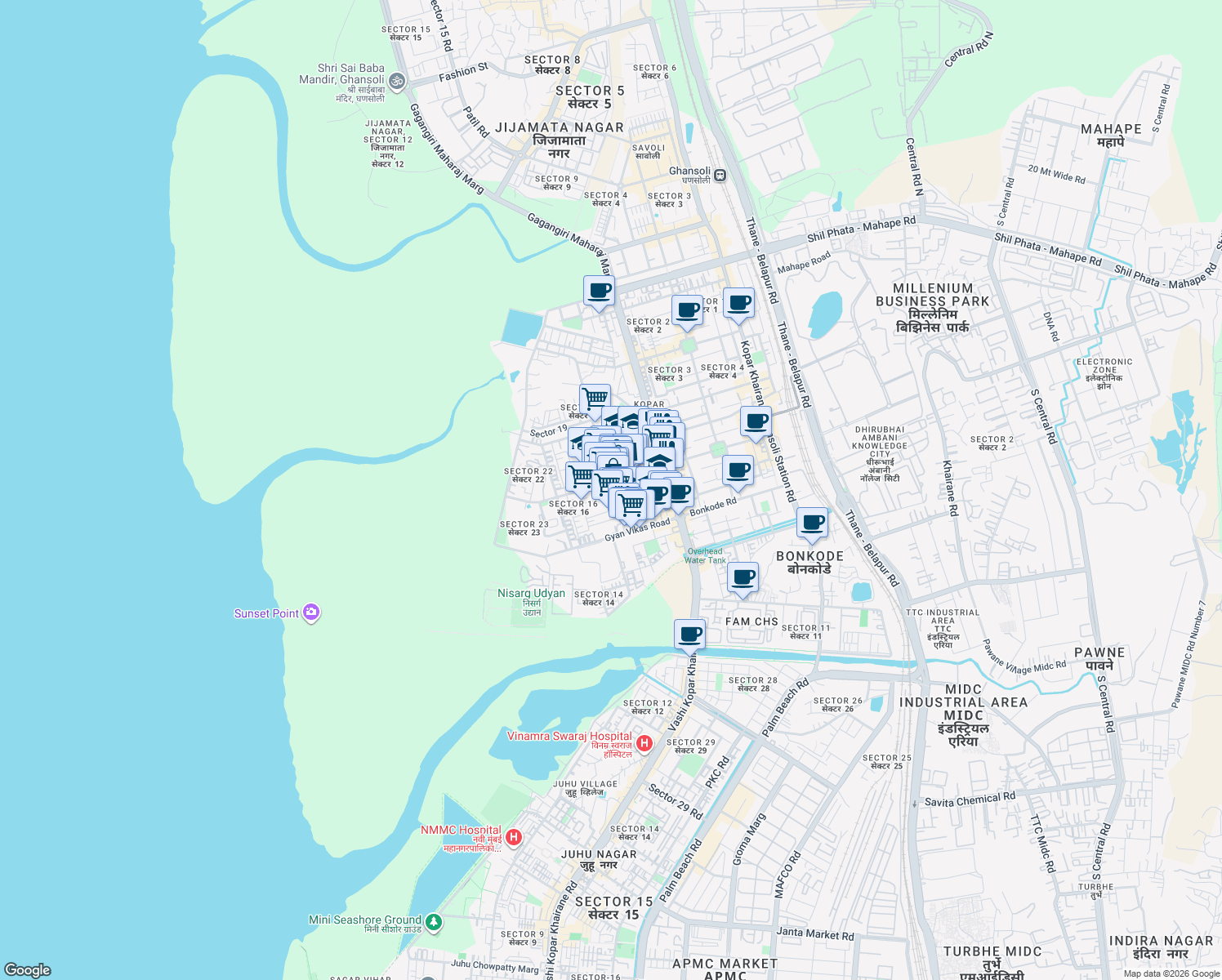 map of restaurants, bars, coffee shops, grocery stores, and more near 10 Sector 15 Road in Navi Mumbai