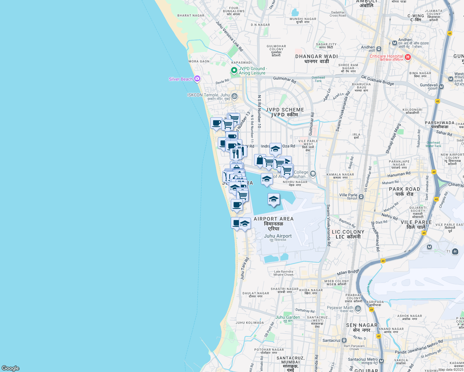 map of restaurants, bars, coffee shops, grocery stores, and more near Juhu Tara Road in Mumbai