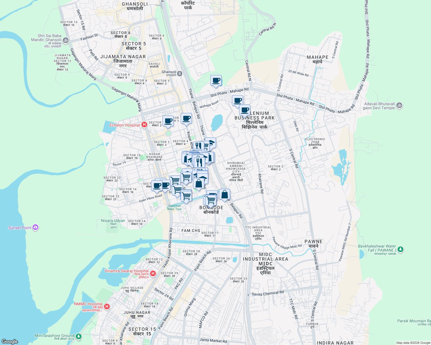 map of restaurants, bars, coffee shops, grocery stores, and more near 1 Thane - Belapur Road in Navi Mumbai
