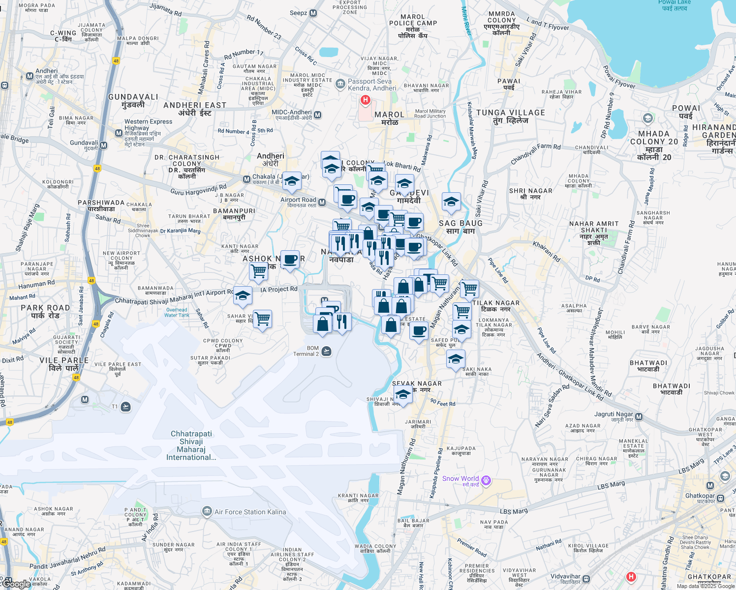 map of restaurants, bars, coffee shops, grocery stores, and more near IA Project Road in Andheri