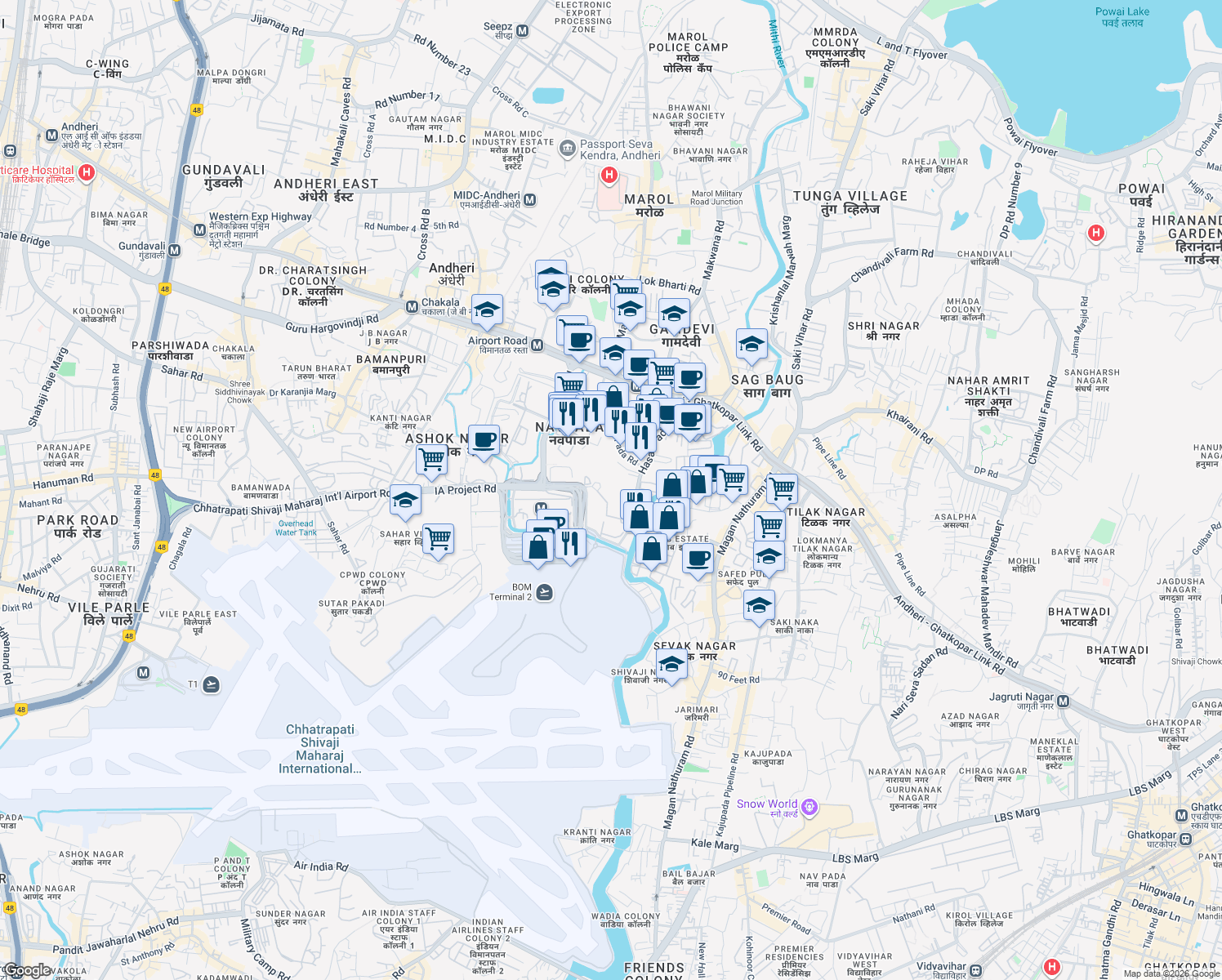 map of restaurants, bars, coffee shops, grocery stores, and more near IA Project Road in Andheri