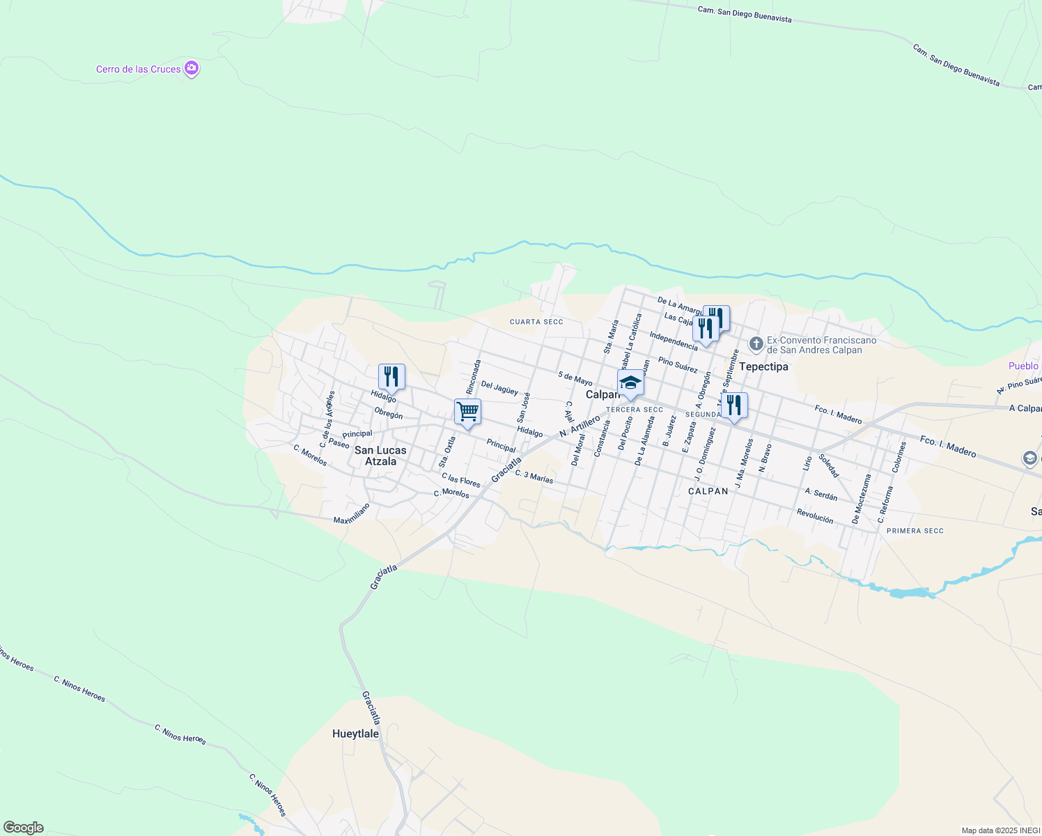 map of restaurants, bars, coffee shops, grocery stores, and more near San José in San Andrés Calpan