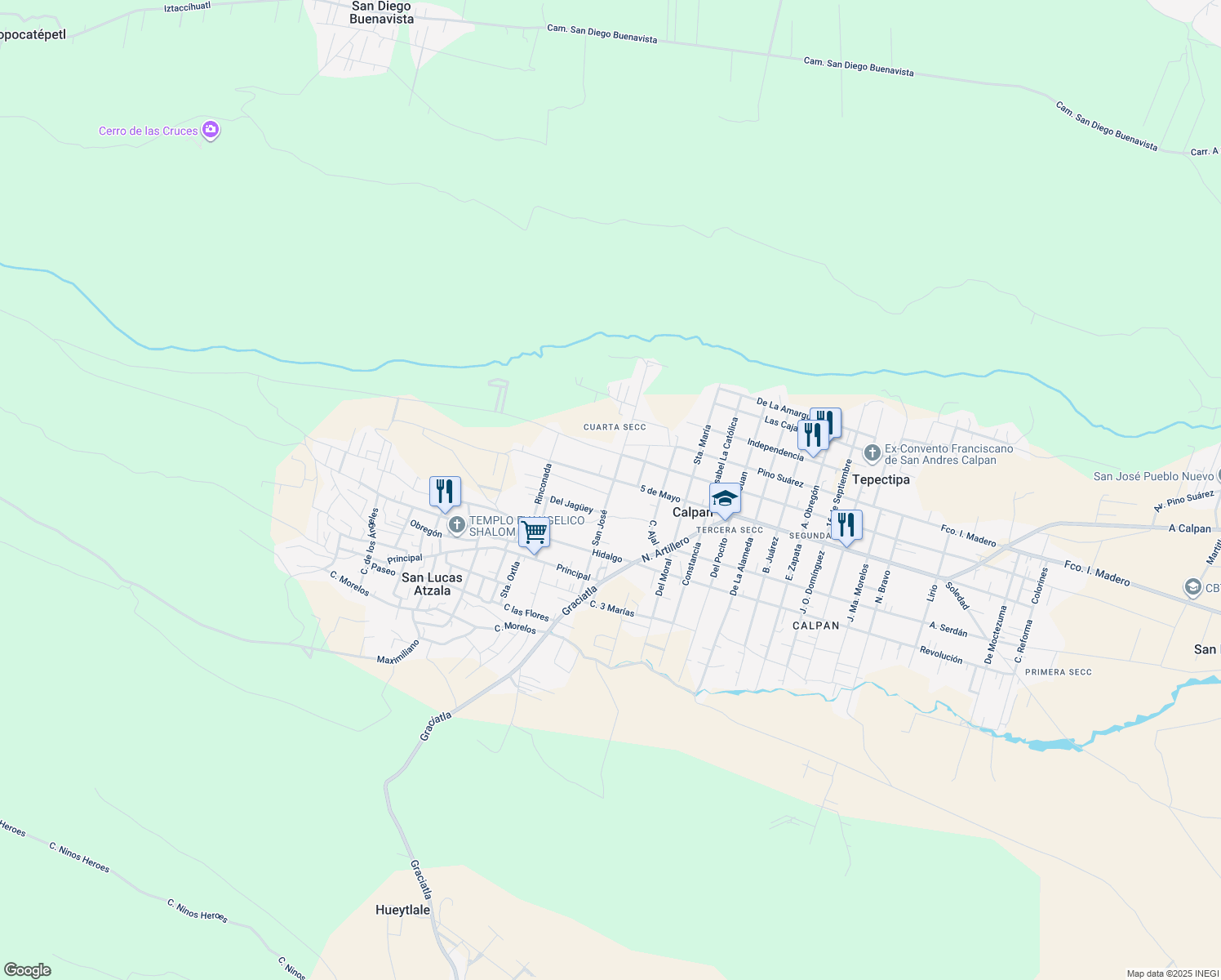 map of restaurants, bars, coffee shops, grocery stores, and more near San José in San Andrés Calpan
