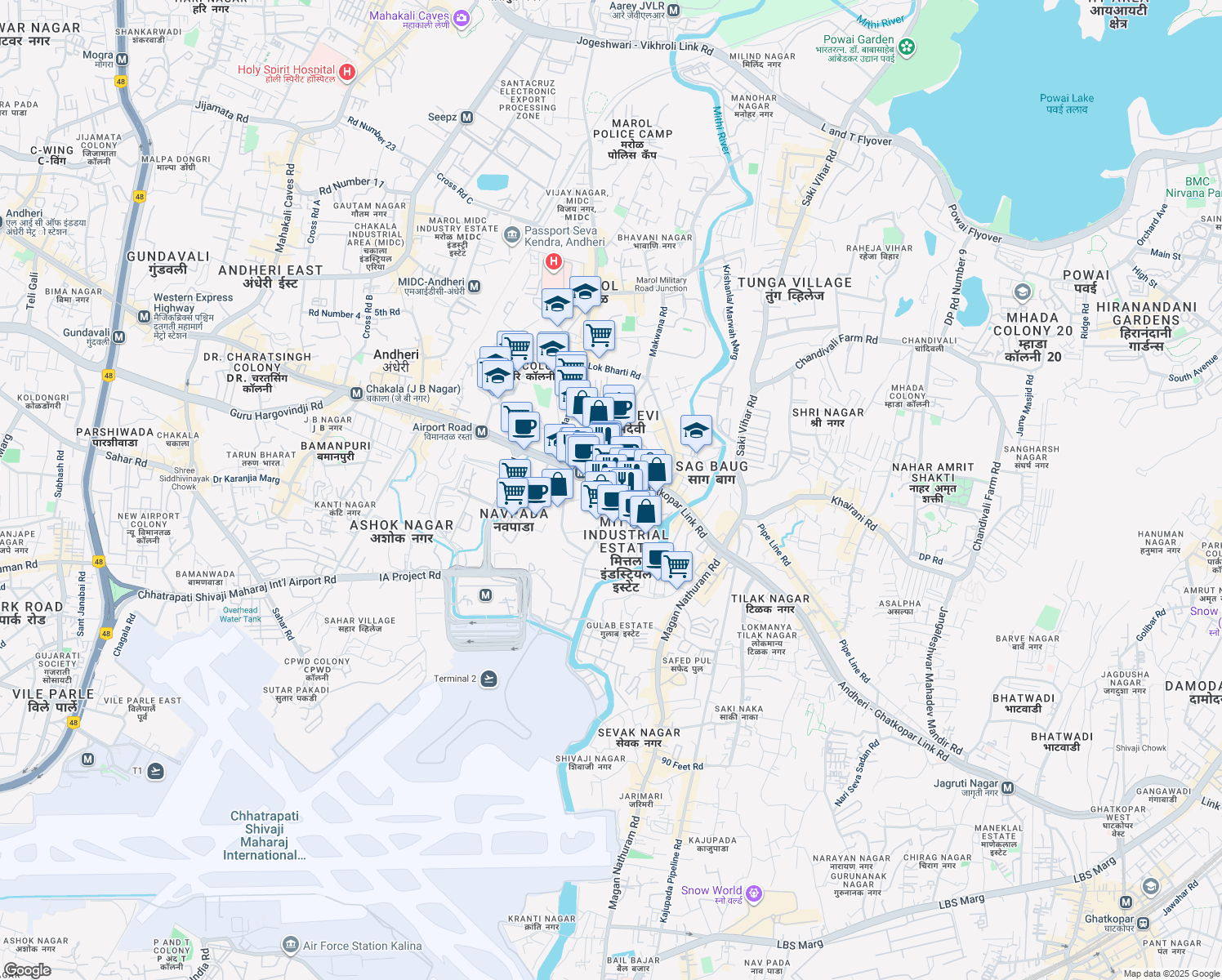 map of restaurants, bars, coffee shops, grocery stores, and more near Andheri - Kurla Road in Mumbai