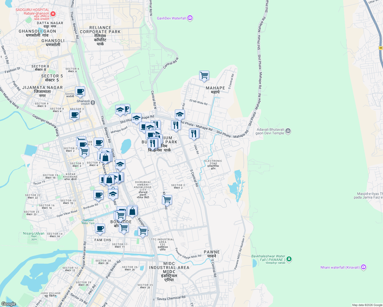 map of restaurants, bars, coffee shops, grocery stores, and more near Central Road in Navi Mumbai