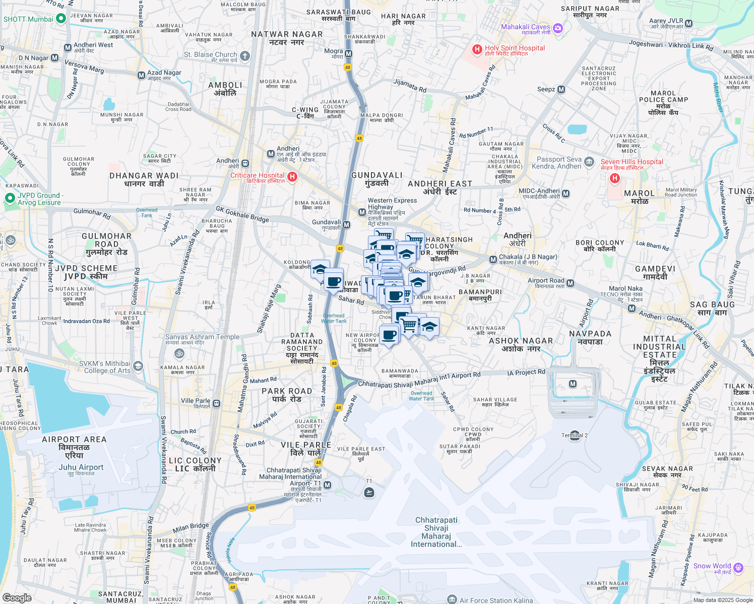 map of restaurants, bars, coffee shops, grocery stores, and more near Sahar Road in Mumbai