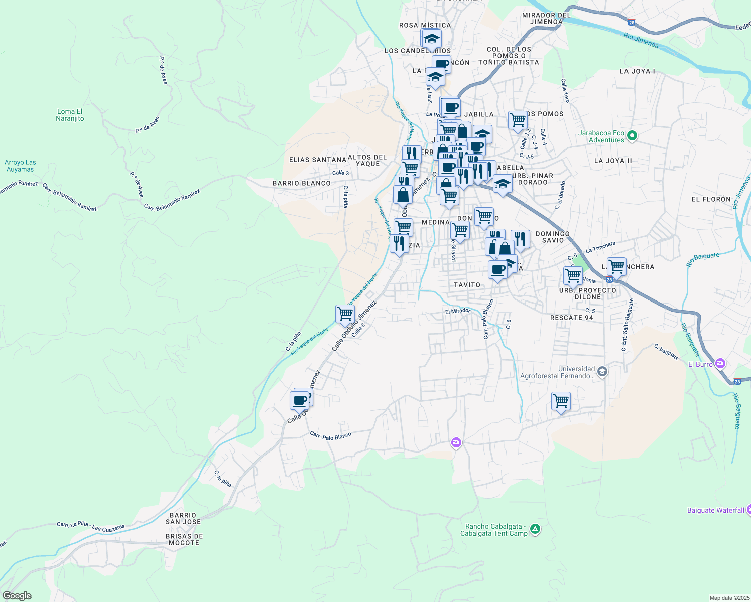 map of restaurants, bars, coffee shops, grocery stores, and more near Calle Obdulio Jimenez in Jarabacoa