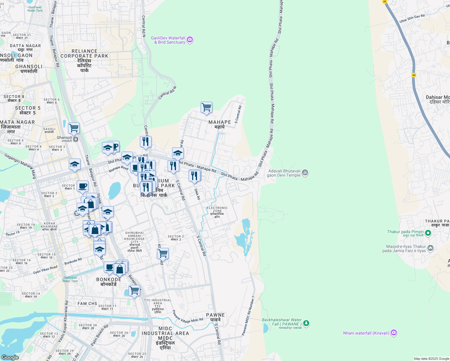 map of restaurants, bars, coffee shops, grocery stores, and more near Mahape Road in Navi Mumbai