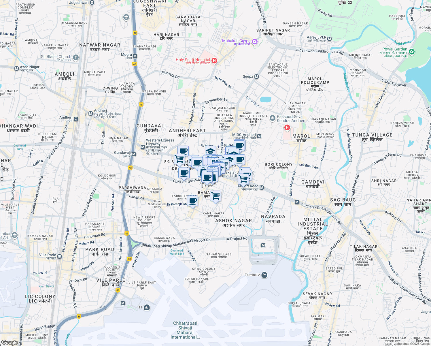map of restaurants, bars, coffee shops, grocery stores, and more near Andheri - Kurla Road in Mumbai